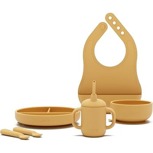 Lalo First Bites Silicone Baby Feeding Set - Baby Led Weaning Supplies - Non-Toxic Silicone - Includes 1 Bib, 2 Spoons, Training Cup, Suction Plate and Bowl - 6 Pieces - Honey