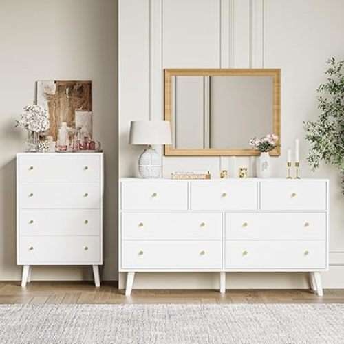 2 PCS Dresser Set for Bedroom Set - Include One Modern Dresser with 7 Drawers, One Kids Dresser with 4 Drawers, White Dresser for Bedroom