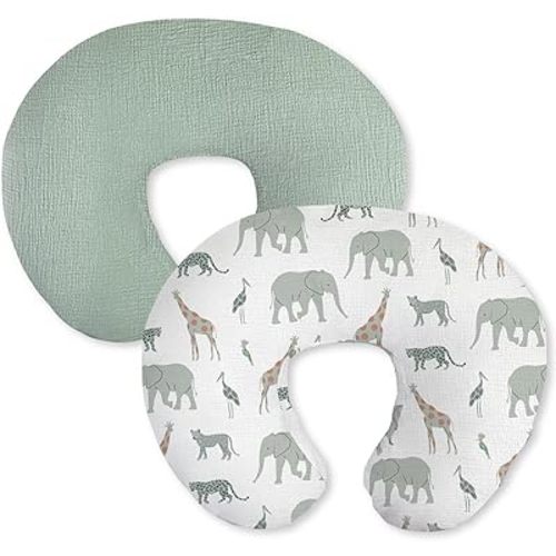Little Grape Land Muslin Nursing Pillow Covers 2 Pack, 100% Cotton Removable Breastfeeding Pillow Covers, Feeding Pillow Slipcovers for Baby Boys & Girls, (Safari & Green)
