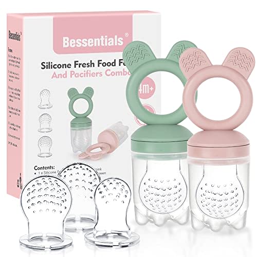 Baby Fruit Food Feeder Pacifier - 2 Packs Silicone Fresh Fruit Feeder BPA Free [3 Sizes Silicone Food Pouches Included] (Light Pink & Grass Green)