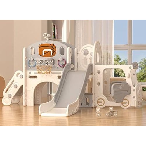 KORIMEFA 10-in-1 Toddler Slide, Kids Slide with Bus Playhouse, Climber, Basketball Hoop, Ring Toss, Tunnel, Telescope and Storage Space, Indoor Outdoor Playset Playground for Kids 1-3
