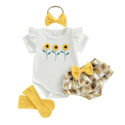 Baby Girl Summer Outfit Short Sleeve Sunflower Embroidery Romper+Shorts+Headband+Socks Infant Clothes Set