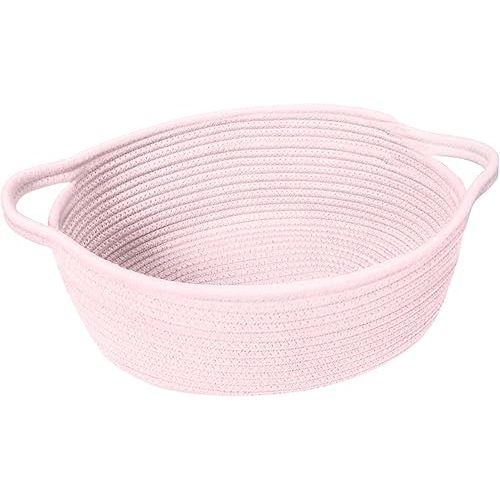 Small Woven Gift Basket, Baskets for Gifts Empty, Cotton Rope Cat Dog Toy Box, Nursery Baby Organizer with Handles, Cute Wicker Storage Bin for Home Decor, Light Pink, 12"x 8"x 5"