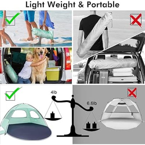WhiteFang Beach Tent Anti-UV Portable Sun Shade Shelter for 3/4/6 Person, Extendable Floor with 3 Ventilating Mesh Windows Plus Carrying Bag, Stakes and Guy Lines