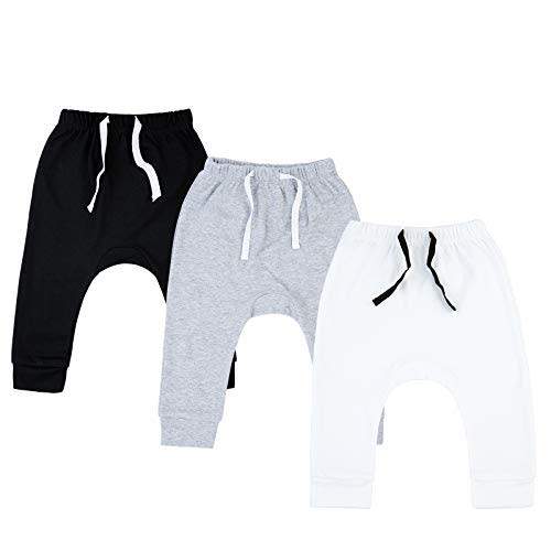 SOBOWO Newborn Baby Boy Girl 3-Pack Joggers Infant Baby Cotton Harem Pants for Toddler Boys Girls 0-3T Interlock 195 GSM
