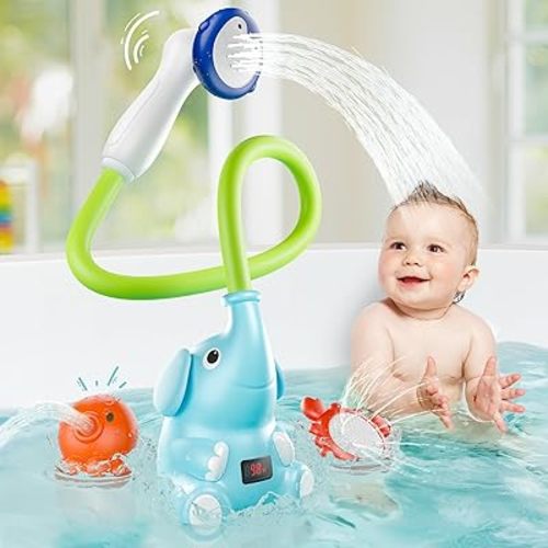 Baby Bath Shower Head with Water Thermometer, 3-in-1 Rechargeable Bath Toys, 3 Exchangable Shower Heads and Soft Silicone Baby Brush, for Newborns, Toddlers in The Tub or Sink-Sensing