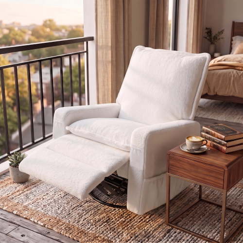 GASEE Baby Upholstered Glider Recliner Rocking Chair 360° Swivel for Nursery and Living Room – Teddy Fleece White