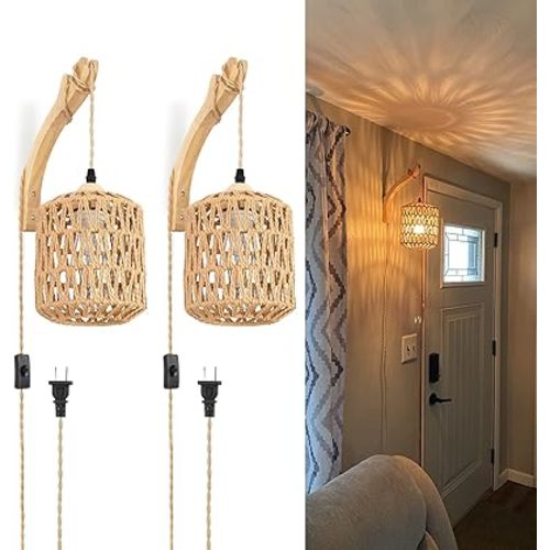 Frideko Plug in Wall Sconces Set of Two Hand Woven Lamp with Cord Rattan Lights Farmhouse Sconce Mounted Light Boho Lighting for Bedroom Living Room