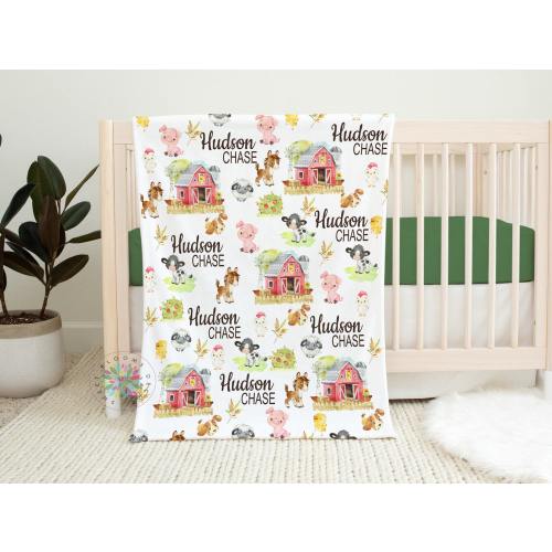 Farm Blanket, Personalized Baby Boy Girl Farm Animals Blanket, Farmhouse Cow Horse Sheep Pig Chicken Barnyard Newborn Baby Shower Gift 1651