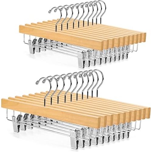 Nature Smile Wooden Pants Hangers Skirt Hanger Solid Lotus Wood Jeans Bottom Hanger with Clips Natural Color(20 Pack)