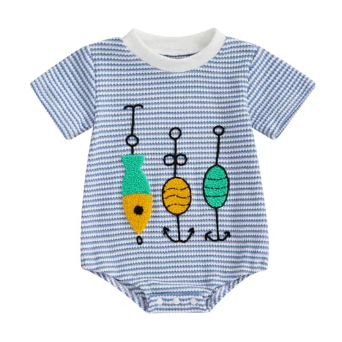 Santikisler Newborn Baby Boy Summer Outfit Fish Embroidery Striped Romper Waffle Knit Short Sleeve Jumpsuit