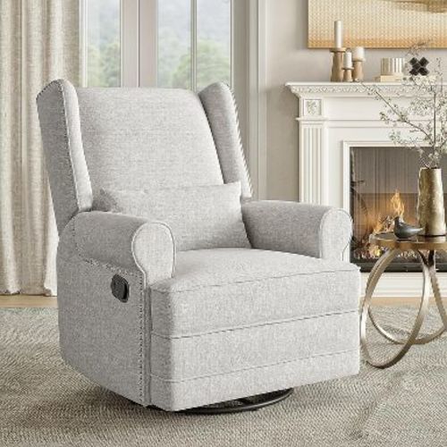 Heynemo Swivel Nursery Glider Recliner, Comfy Upholstered Glider Chair with Lumbar Pillow and Footrest, Swivel Rocking Chair for Living Room, Grey