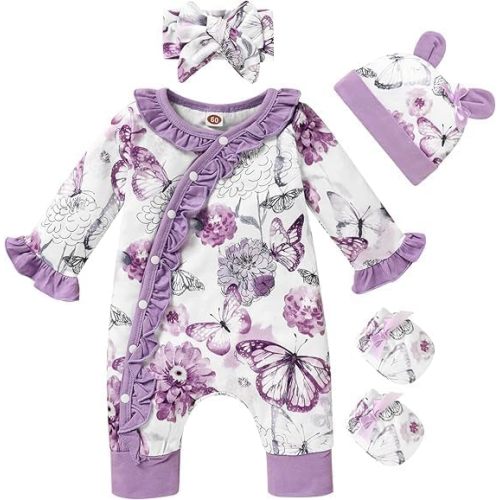 GRNSHTS Newborn Girl Floral Jumpsuit Baby Girl Long Sleeve Ruffle Romper Overall Coming Home Outfits