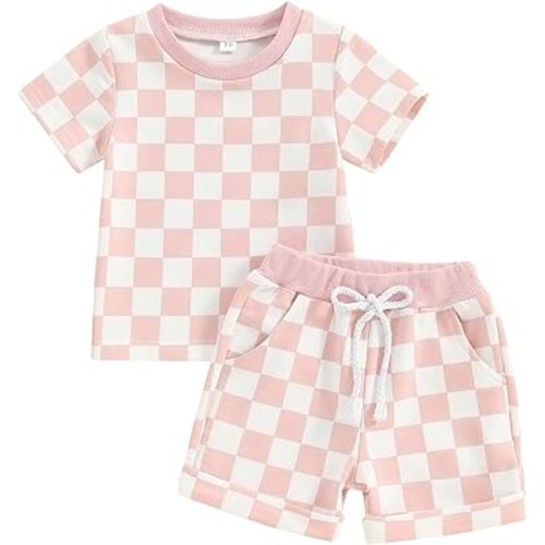 Toddler Baby Girl Outfit Newborn Girl Summer Clothes Short Sleeve T Shirt Checkerboard Top Set Elastic Waist Shorts