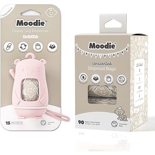 Moodie Teddy Bear Diaper Bag Dispenser w/Silicon Strap (ROSIE PINK) & 6 Refill Roll PACK (UNSCENTED - 105 Bags TOTAL) | Diaper Bag Essential Items
