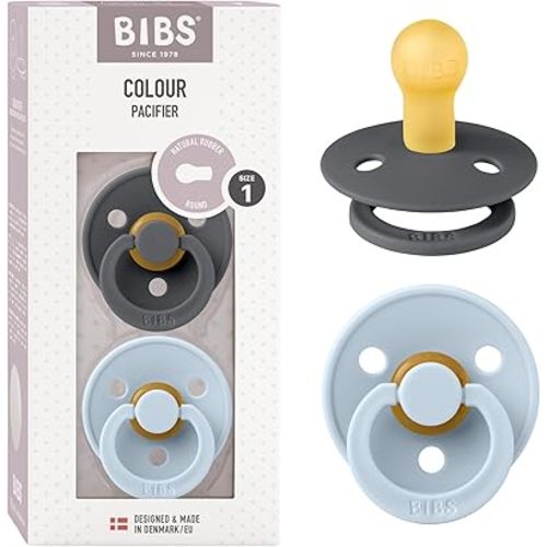 BIBS Pacifiers Colour Collection | Natural Rubber Baby Pacifier | Set of 2 BPA-Free Soothers | Made in Denmark | 0+ Months (Pack of 2) | Baby Blue/Iron