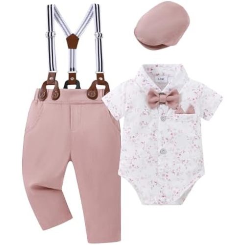 YALLET Baby Boy Clothes Suit Newborn Infant Gentleman Outfits, Formal Dress Shirt+Bowtie+Suspender Shorts Wedding Party Set
