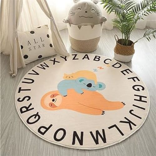 ABC Round Rug for Kids Soft Alphabet Nursery Area Rug Boys Girls Educational Learn Fun Rug Play Mat Baby Crawling Mat Carpet for Kids Room Bedroom Living Room Decor (Sloth, 63 inch)