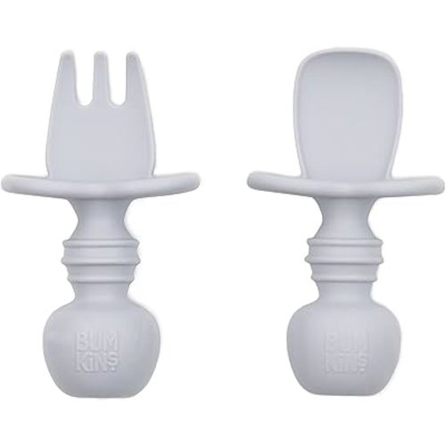 Bumkins Baby Utensils Set, Chewtensils Silicone Spoons for Dipping, Self-Feeding, Baby Led Weaning, Trainer Learning, First Stage Eating, Soft Practice Fork and Spoon, Babies 6 Months, Gray