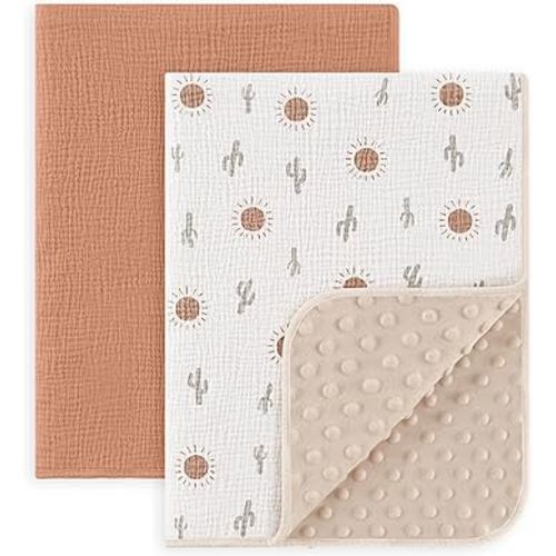 Susurration Baby Blanket for Unisex Boys Girls, 2 Pack Soft Fluffy Crib Blankets with Muslin Cotton Front and Dotted Fleece Back, Receiving Blanket for Baby Newborn Infant, 30x40in, Beige Sun&Brown