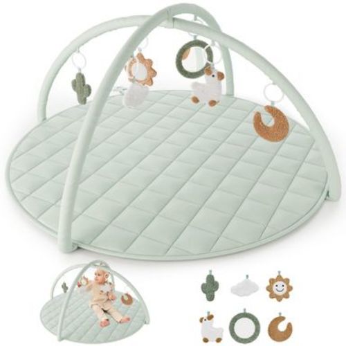 Baby Play Gym & Tummy Time Mat - Soft Cotton Mat with 6 Toys for Boys/Girls - Stylish Activity Playmat for Infant Development & Playroom Decor
