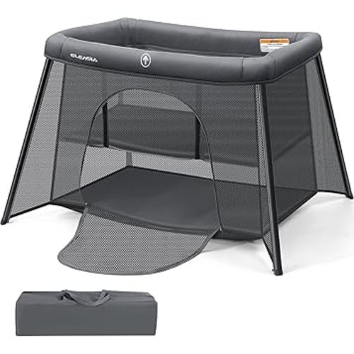 ELEMARA Baby Travel Crib Easy-Set Up,Portable Crib with Comfortable Mattress and Lightweight-Foldable Crib with Long-Lasting Playard, Indoor & Outdoor Playpen, Pack and Play for Toddler(Dark Gray