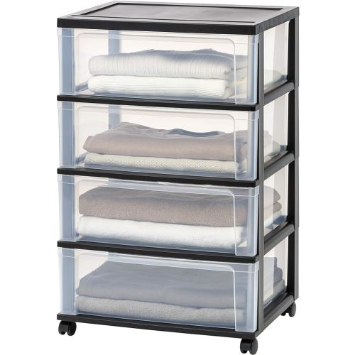 Plastic Drawer Storage Organizer Rolling Cart, with Wheels Casters, 4-Drawers, for Classroom Art Craft Supplies Dresser Closet Bathroom Dorm Bedroom Laundry Room, Wide, Black/Clear
