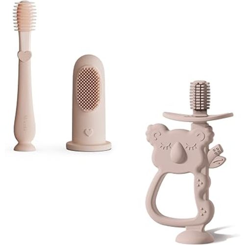 Moonkie Baby Oral Care & Teething Relief Set | 2-Piece Finger Toothbrush & Tongue Cleaner Kit + 360° Teething Toy with Suction Base | BPA-Free Silicone for Babies 3-12 Months | Safe, Easy to Hold, Ide
