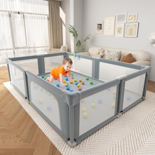 Seeday Baby Playpen, Foldable Play Yard for Babies and Toddlers, 73" x 61" Large Baby Playpen for Indoor & Outdoor, Play Fence with Soft Breathable Mesh, Mattress, and Ocean Balls, Dark Grey