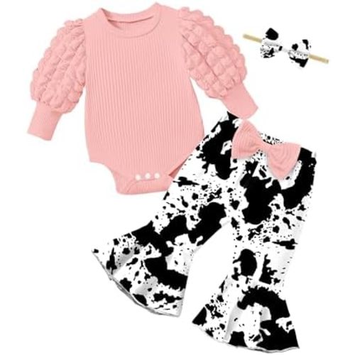 NAPU Baby Girl Clothes Long Sleeve Romper 3Pcs Baby Girl Outfits Flare Pants Set with Headband Fall Baby Girl Winter Clothes