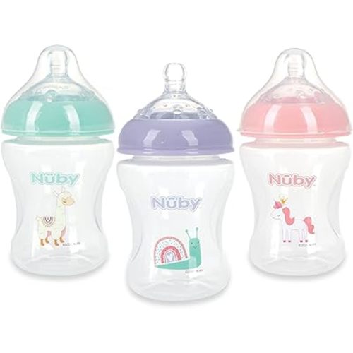 Nuby 3-Pack Infant Feeding Bottles with Slow Flow Breast Size Silicone Nipple: 0+ Months, 8oz, 3 Pack Set: Delicate Llama, Snail, Unicorn Prints