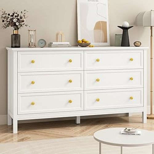 White 6 Drawers Dresser for Bedroom, 55'' Wide Modern Wood Dresser with Gold Handles, Large TV Stand Chest of Storage Drawers for Hallway, Living Room
