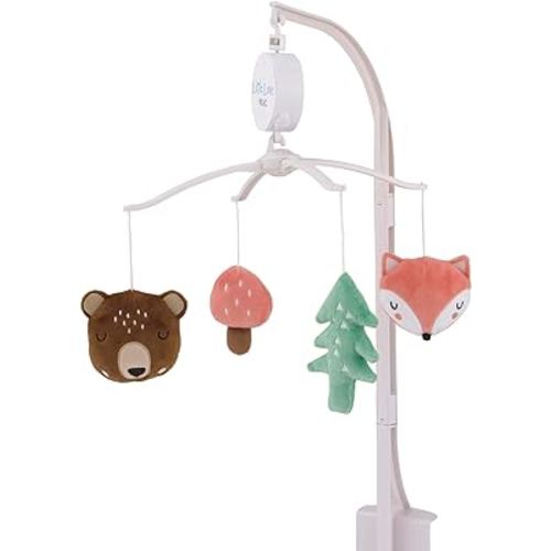 Little Love by NoJo Retro Happy Camper Orange, Brown and Green Forest Nursery Crib Musical Mobile with Bear, Fox, Mushroom and Pine Tree