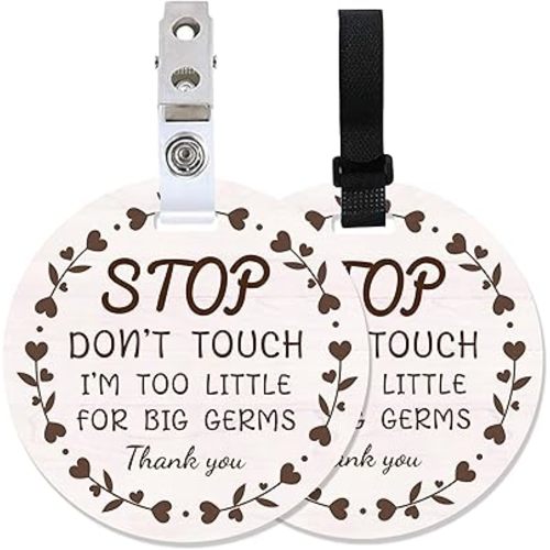 PLIGREAT 2 Pack Stop Don't Touch Baby Car Seat Signs, No Touching Sign for Newborn Boy Girl, Stop Kissing Reminder Signage for Carrier With Hanging Strap and Clip (Heart Wreath)