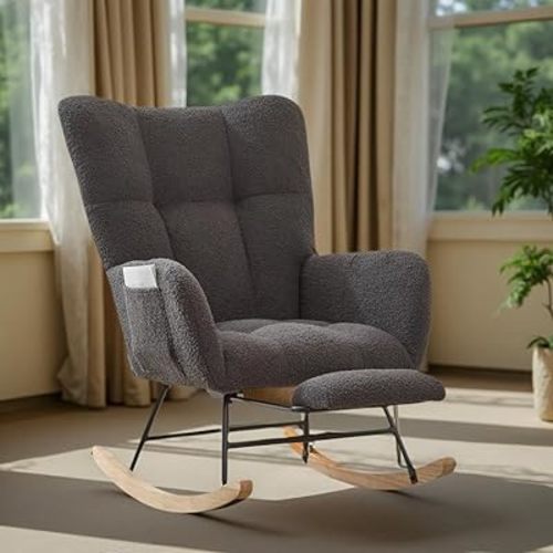 Modern Nursery Rocking Chair, Teddy Upholstered Glider Rocker with Footrest, Comfortable Rocker Recliner with Side Pocket for Living Room, Bedroom, Office, Grey