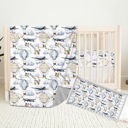 Personalized Baby Crib Bedding Sets for Baby Boys Girls, Custom Crib Bedding Set with Name, Airplane 2 Piece Nursery Bedding, Name Crib Comforter Crib Fitted Sheets for Babies Toddler