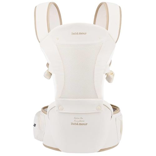 Bebamour Baby Carrier Safety-Certified Hip Seat Baby Carrier Newborn to Toddler Baby Hipseat 0-36Months with Head Hood, 3 PCS Teething Pads, Waist Extender & Storage Bag (New Khaki)