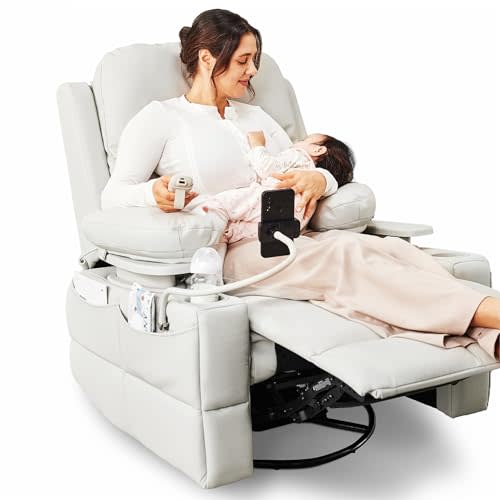 MAMAZING Rocking Chair Nursery with Adjustable Armrests, Electric Glider Recliner Nursery Chair for Breastfeeding, Power Swivel Recliner Chair with USB Port and Storage, FSC Certified (Vanilla)