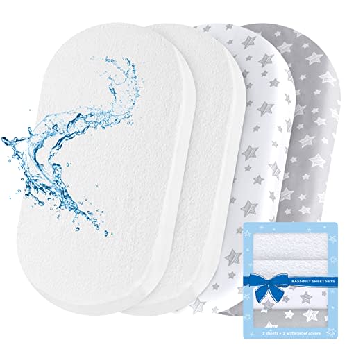 Bassinet Sheets & Waterproof Bassinet Mattress Pad Protector 4 Pack Set, Viscose Made from Bamboo, Universal Fit for Oval, Hourglass and Rectangular Mattress, Grey & White