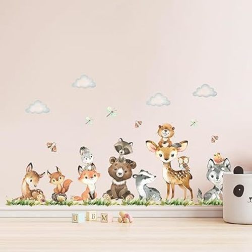 Tanlaby Jungle Animals Wall Stickers Forest Animal Wall Decals Cute Fox Bear Giraffe Self-Adhesive Mural Removable Wall Art Sticker for Baby Nursery Kids Bedroom Playroom Daycare Classroom Decor
