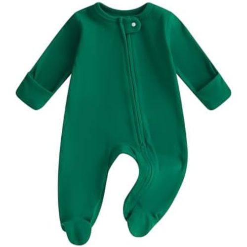 One opening Newborn Baby Boy Girl Zipper Footies Pajamas Pjs Ribbed Solid Long Sleeve Romper Jumpsuits Footed Sleep and Play