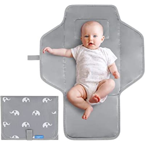 PHOEBUS BABY Portable Changing Pad Travel - Waterproof Compact Diaper Changing Mat with Built-in Pillow - Lightweight & Foldable Changing Station, Newborn Shower Gifts(Cute Elephant)