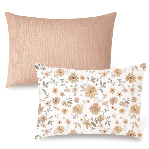 Konssy Muslin Toddler Pillowcase for 13x18 Pillow 2 Pack, 100% Cotton Toddler Pillow Case Cover, Soft & Breathable Travel Babay Kids Pillow Covers with Envelope Closure(Flourish, Toffee)