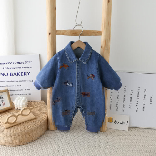 Baby Embroidered Dog Lapel Denim Romper