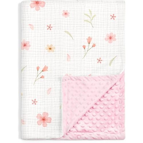 Floral Baby Blankets for Girls Newborn, Soft Nursery Minky Blankets with Muslin and Dotted Fleece Back 30x40 inches, Receiving Bed Quilt for Infants, Toddlers