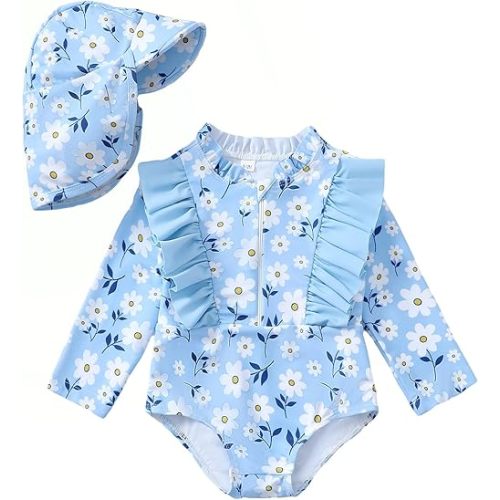 SUNNY PIGGY Baby Girl Swimsuit Long Sleeve One Piece Ruffle Zipper Toddler Bathing Suit Guard Rash for Summer Swimwear
