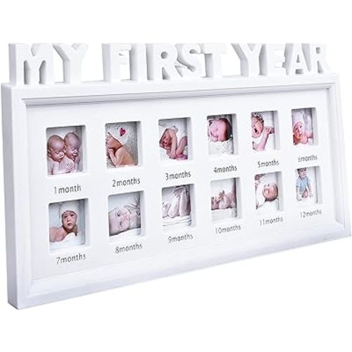 MICKYU My First Year Baby Picture Frame – 12-Month Milestone Photo Display, Personalized Monthly Growth Tracker, Newborn Shower Gift, Rustic White Décor for Nursery or Living Room