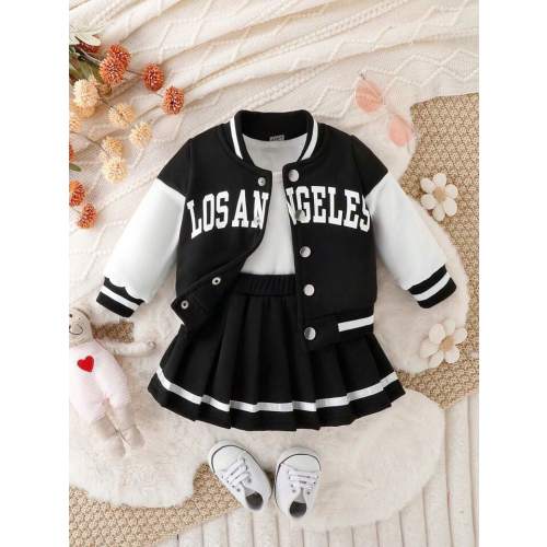 2pcs Baby Girls Letter Print Long Sleeve Casual Baseball Jacket And Pleated Skirt Set, Spring/Fall | SHEIN USA