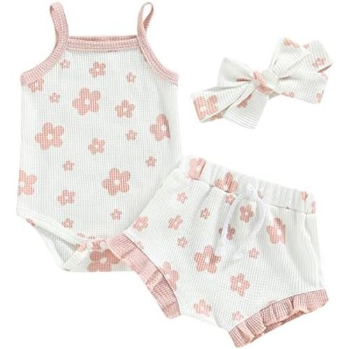 3pcs Toddler Girls Summer Outfits Ribbed Halter Crop Top Romper Bodysuit +Floral Bloomer Shorts+Headband Clothes Set