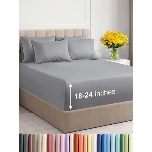 Extra Deep King Sheet Set - 6 Piece Breathable & Cooling Sheets - Hotel Luxury Bedding Set with 18-24 Inch Extra Deep Pockets - Easy Fit - Super Soft, Wrinkle Free and Comfy - Steel Blue, King Size